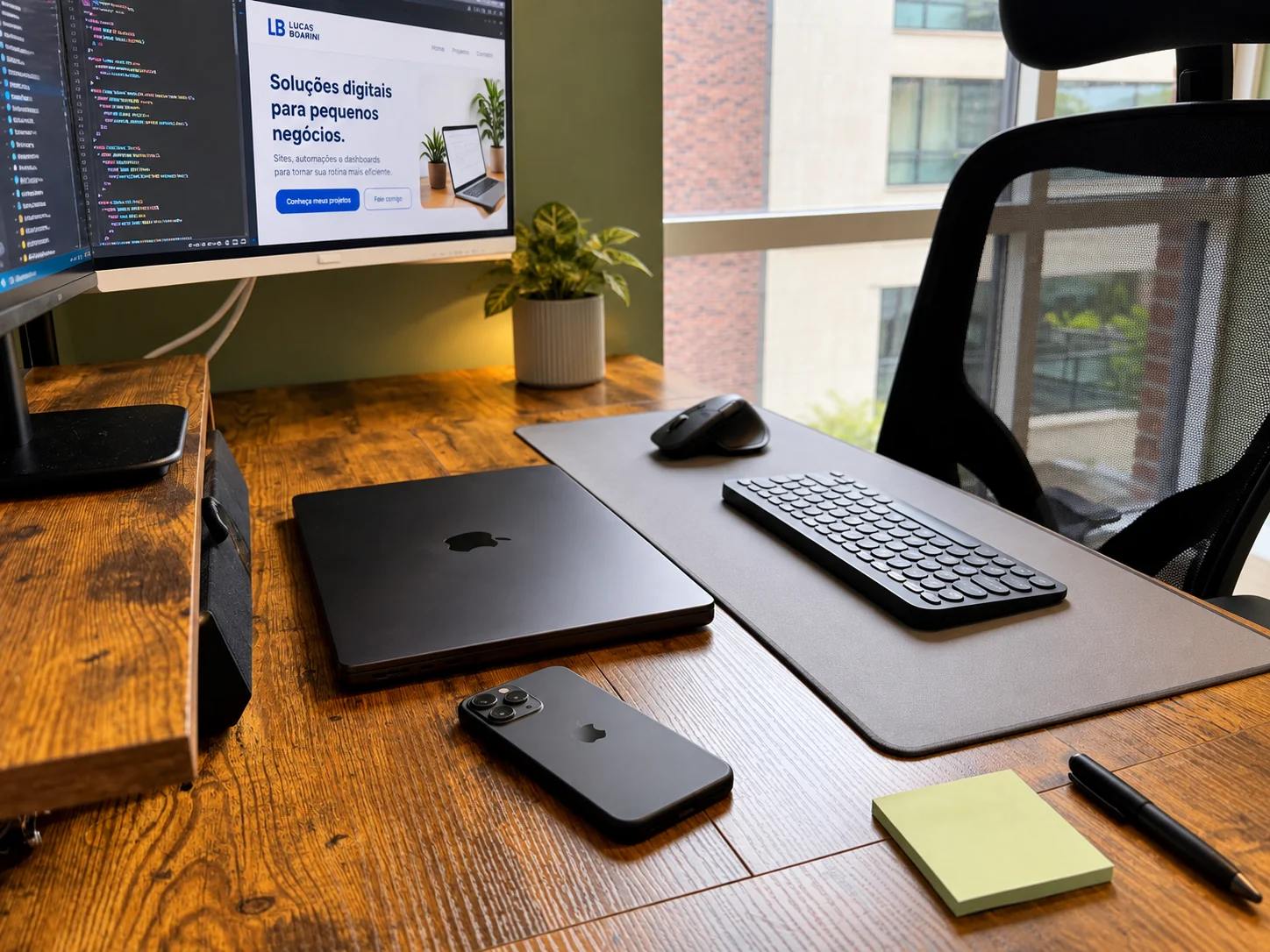 Ambiente de trabalho com notebook, caderno e uma caneca sobre a mesa.